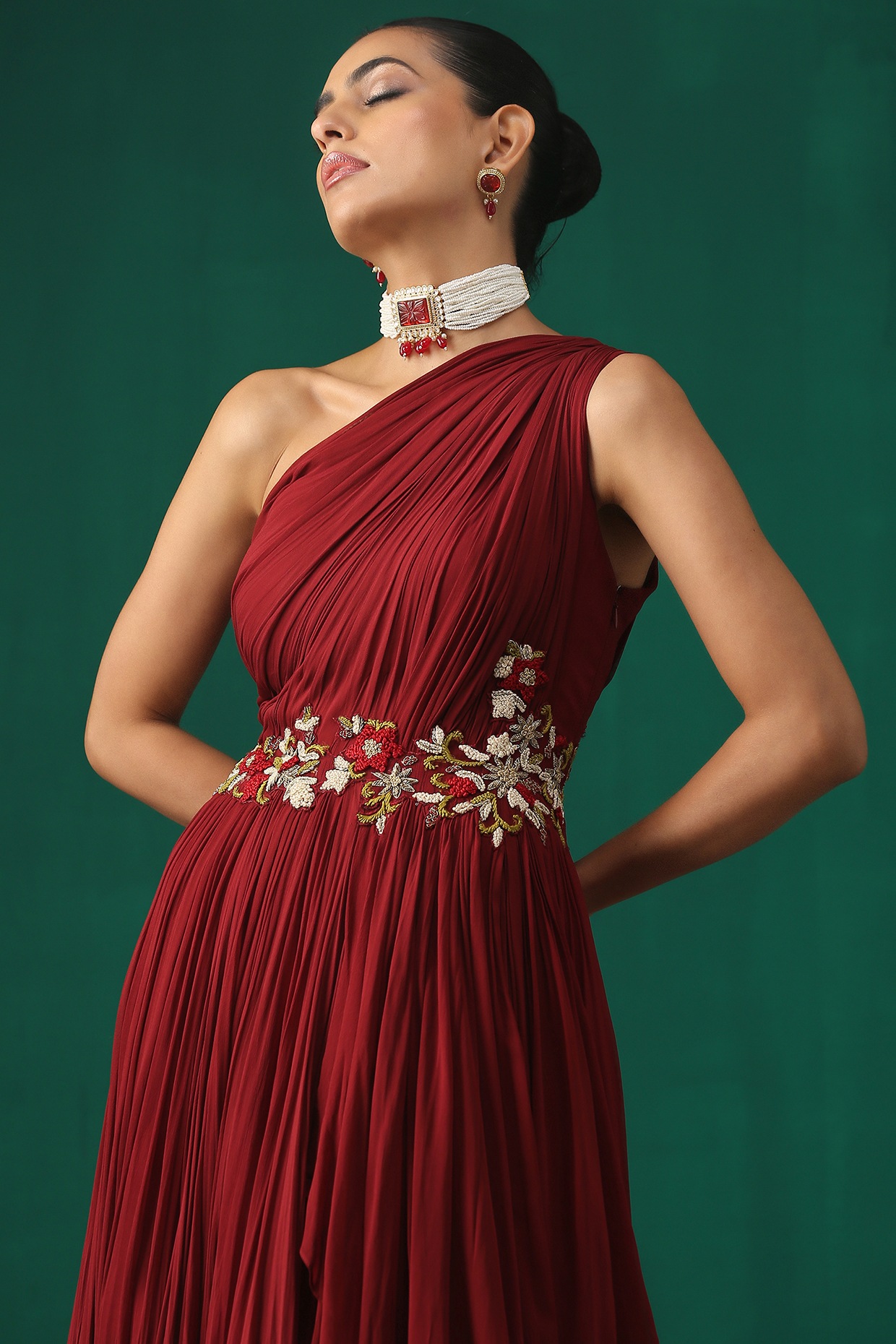 Buy Maroon Net Asymmetric Embellished One Shoulder Saree Gown For Women by  Adaara Couture Online at Aza Fashions. | Saree gown, Aza fashion, Saree  designs